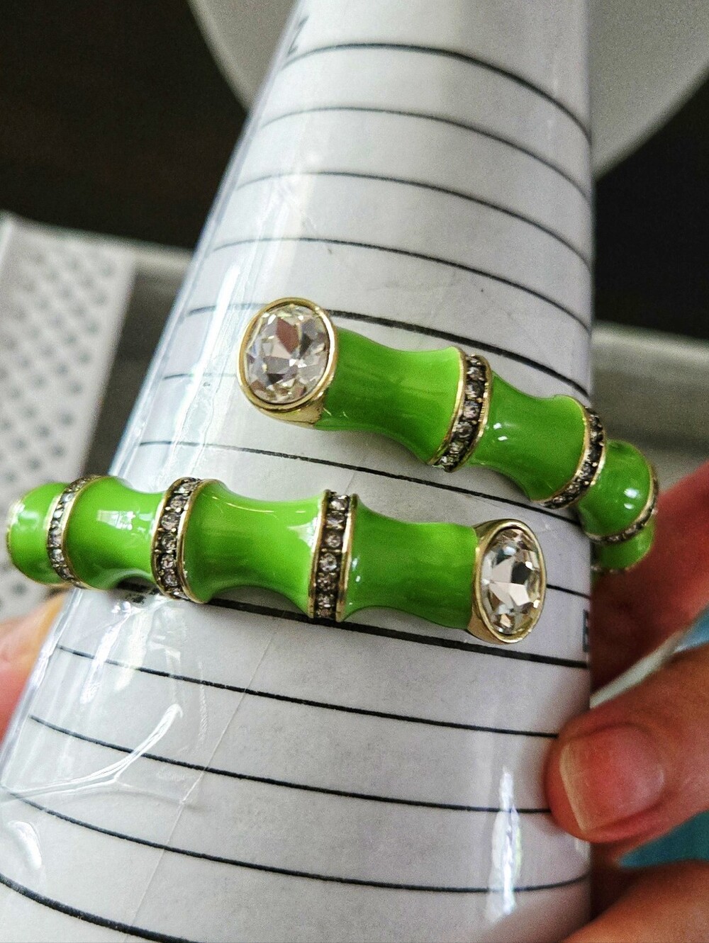 Heidi Daus Neon Green Enamel Bamboo-Style Hinged Bracelet with Clear Crystals - Picture 7 of 16